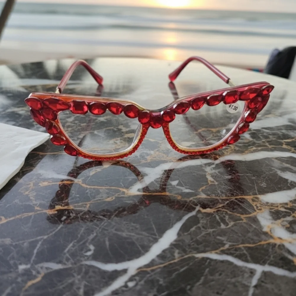 Women's Bling Cat Eye Readers Red Rhinestones AB Reading Glasses Black +1.50